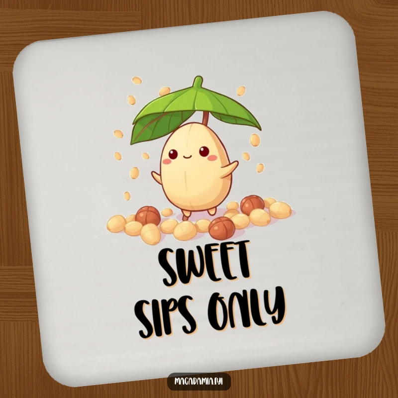 Funny macadamia nut character with umbrella, in candy nut drizzle, decorative drink coaster, ideal funny gift.