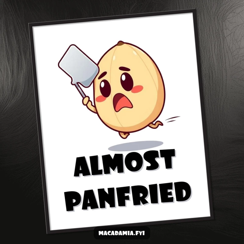 Funny Macadamia Nut Poster showing a wide-eyed nut in mid-air, narrowly escaping a swift spatula.