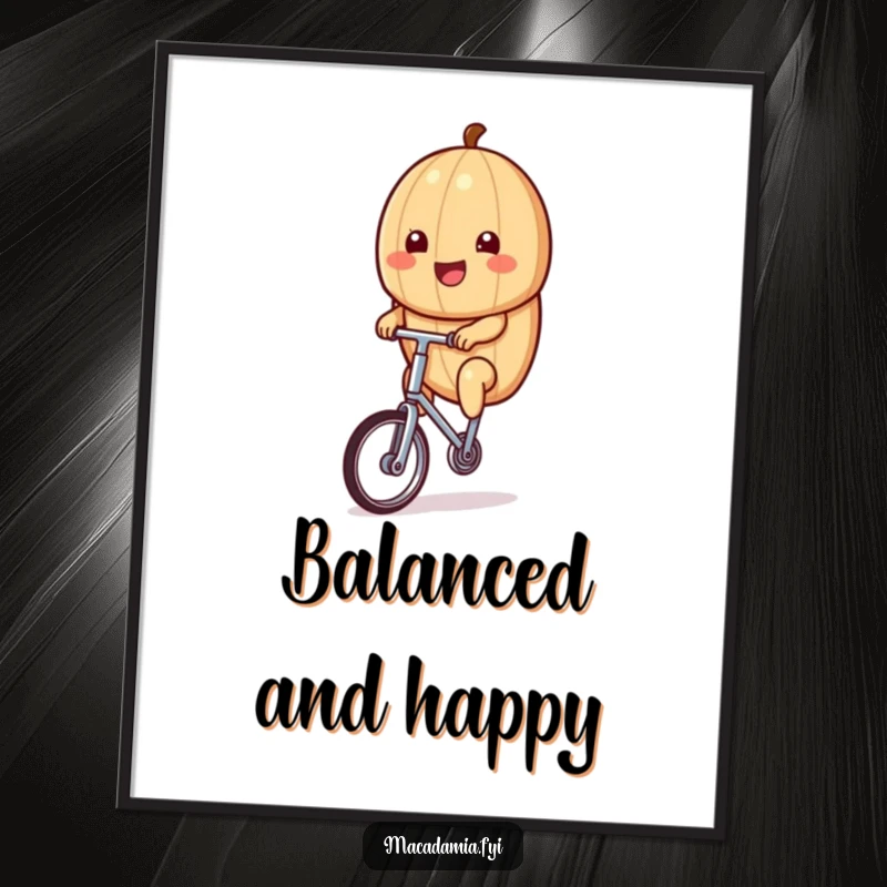 Funny kawaii macadamia nut riding a tiny unicycle with a big smile, depicted in this humorous wall art poster.
