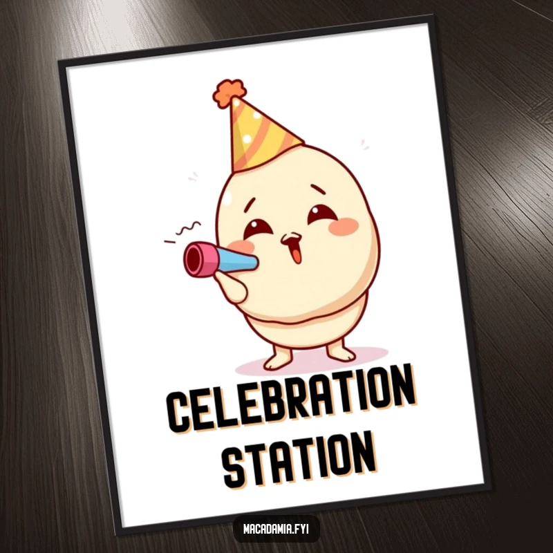 Funny macadamia nut poster print of a character in a party hat, excitedly blowing a noisemaker, embodying pure party spirit.