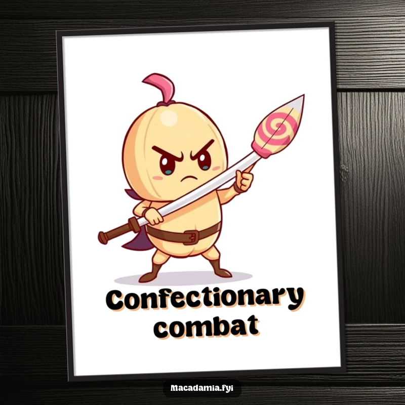 Funny macadamia nut poster of a determined character bravely brandishing a lollipop as a sword, a symbol of sweet courage.