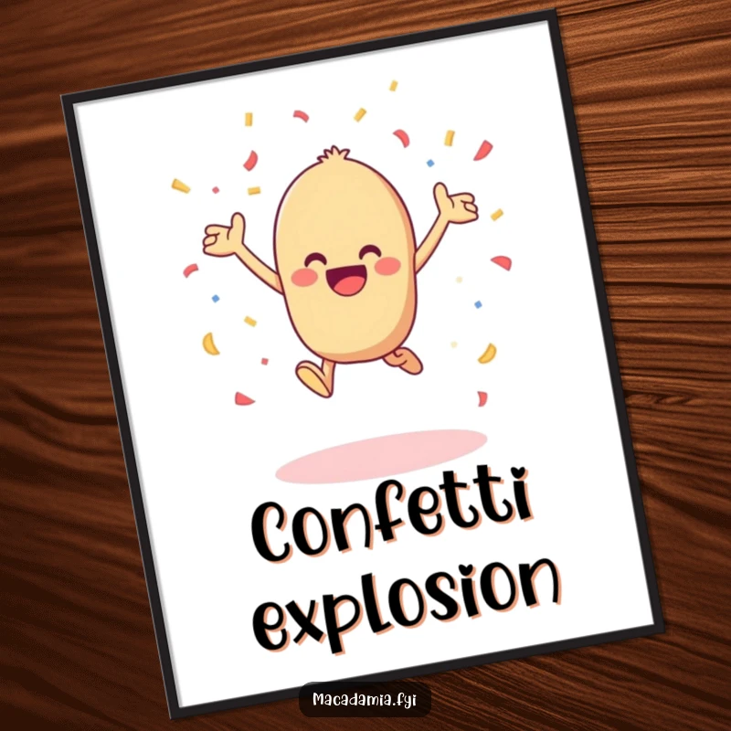 Funny kawaii macadamia nut leaping with joy and tossing confetti in the air, perfect for humorous wall art.