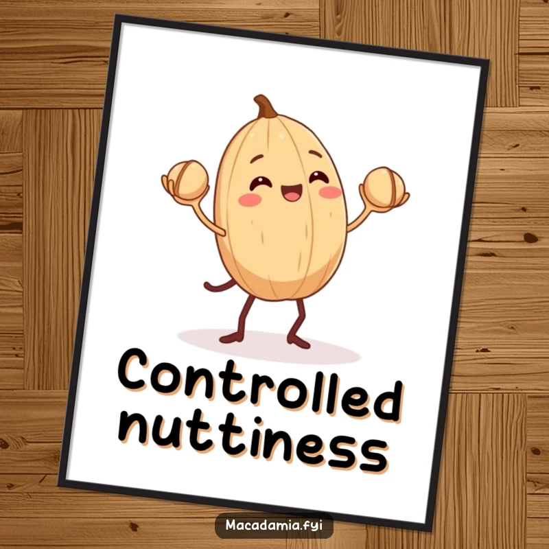 Funny Macadamia Nut Poster: A macadamia nut with small legs joyfully juggles three smaller nuts, a humorous and lively artwork.