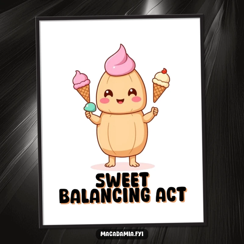 Funny kawaii macadamia nut happily juggling three tiny ice cream cones, displayed as cheerful wall art on this poster.