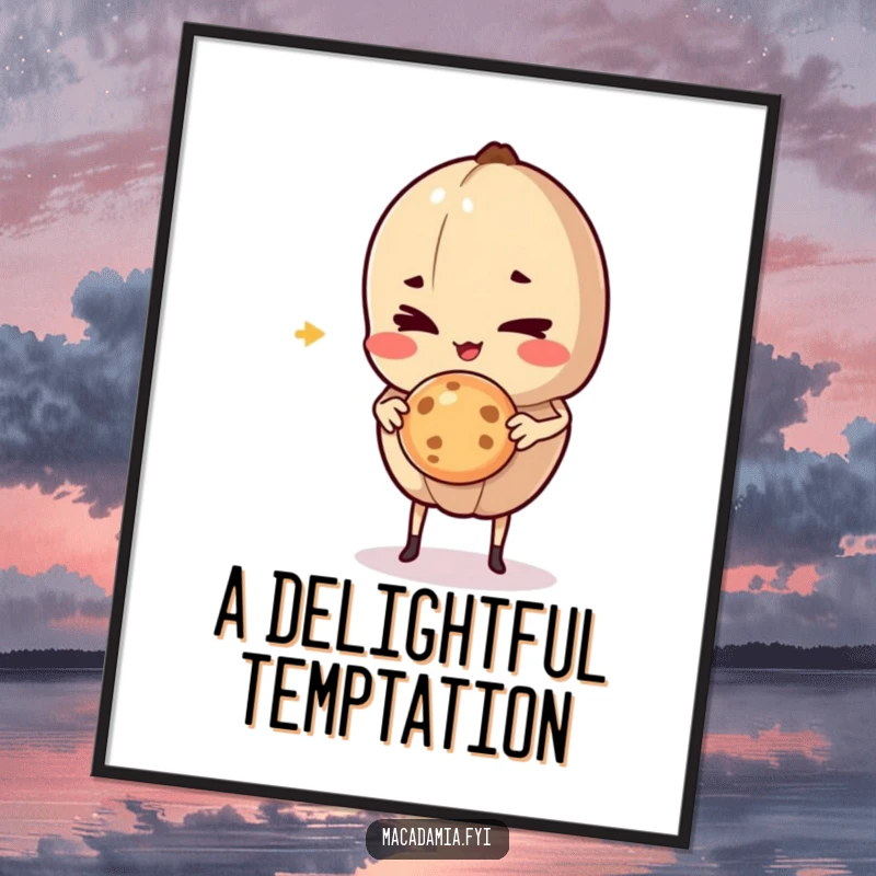 Funny Macadamia Nut character giving a mischievous wink while holding a delicious cookie mid-air, perfect for sweet, humorous wall art.