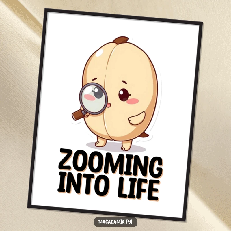 Funny macadamia nut character intently examining a minuscule detail with a magnifying glass, as wall art.