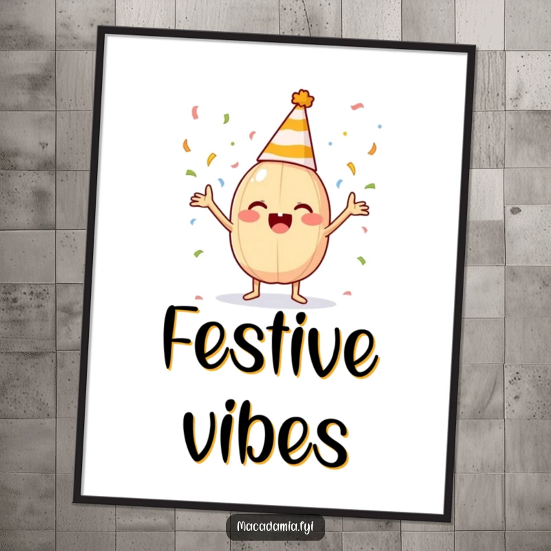 A macadamia nut wearing a party hat excitedly tosses confetti with its limbs on a celebratory poster.