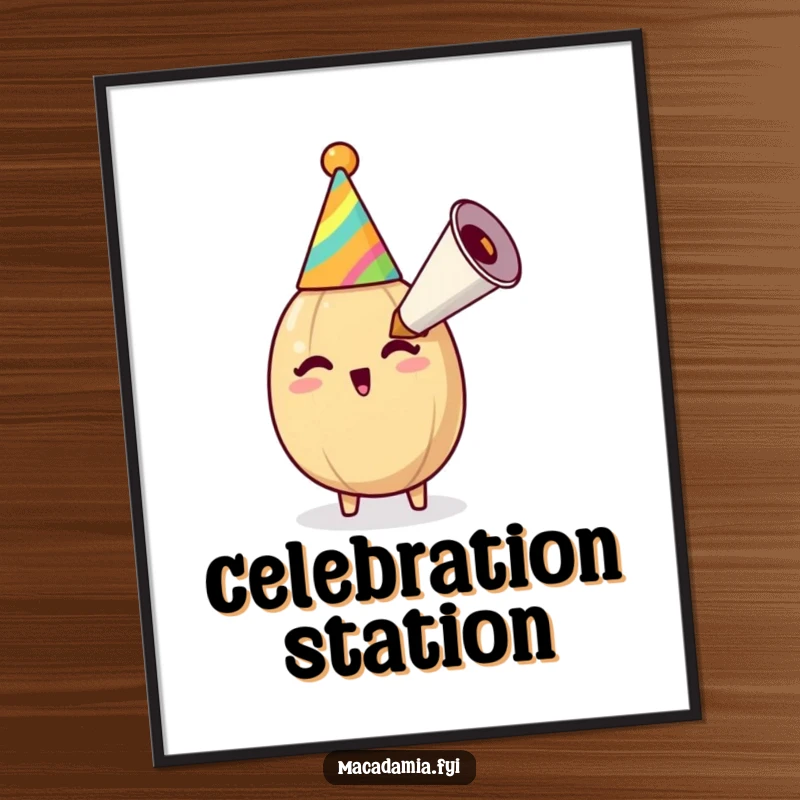 Funny macadamia nut in a party hat blasting an oversized party horn, creating a vibrant, celebratory, and humorous wall art piece.