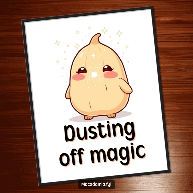 Funny macadamia nut character sneezing a whimsical cloud of colorful sparkle dust, displayed as wall art.