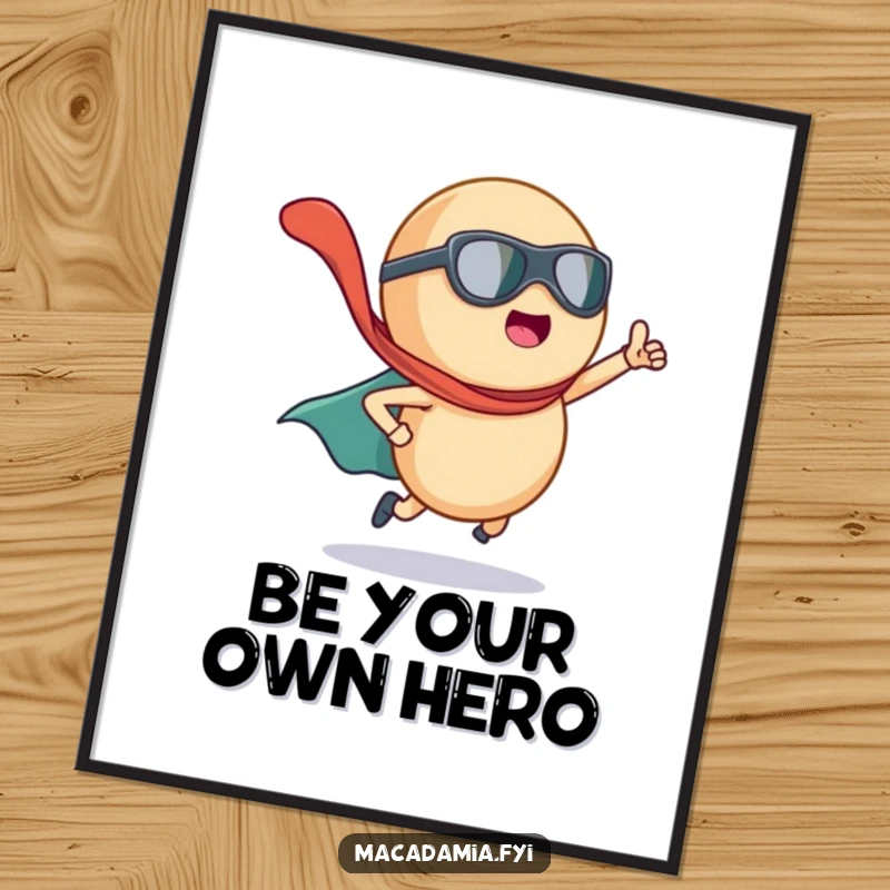 Funny macadamia nut posing dramatically as a superhero with a cape flying, displayed as heroic wall art.