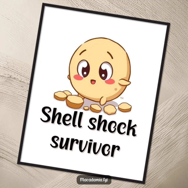 Funny Macadamia Nut Poster: A wide-eyed macadamia nut character trips, scattering shell pieces in a humorous and charming artwork.