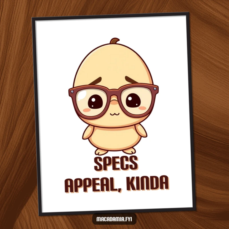 Funny Nut Poster: A macadamia nut character with oversized glasses looks confused but amused, creating a humorous and thought-provoking artwork.