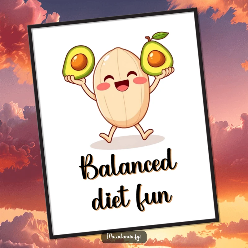 Funny poster featuring a smiling macadamia nut character on legs happily juggling three shiny avocados, showcasing a lively scene.