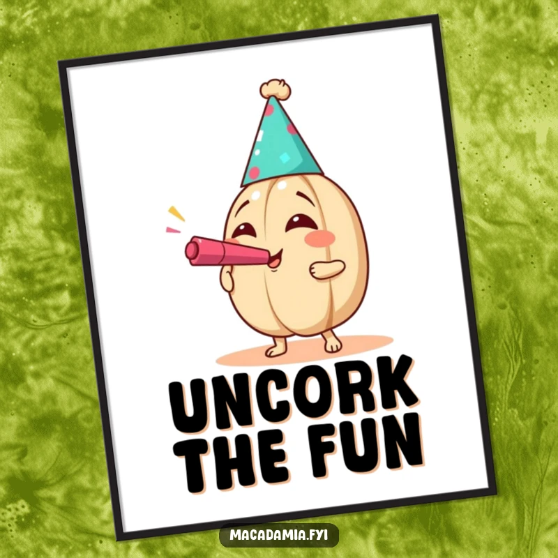 Funny Party Nut Poster of a macadamia nut wearing a party hat, blowing a noisemaker with exaggerated joy, bringing festive humor.