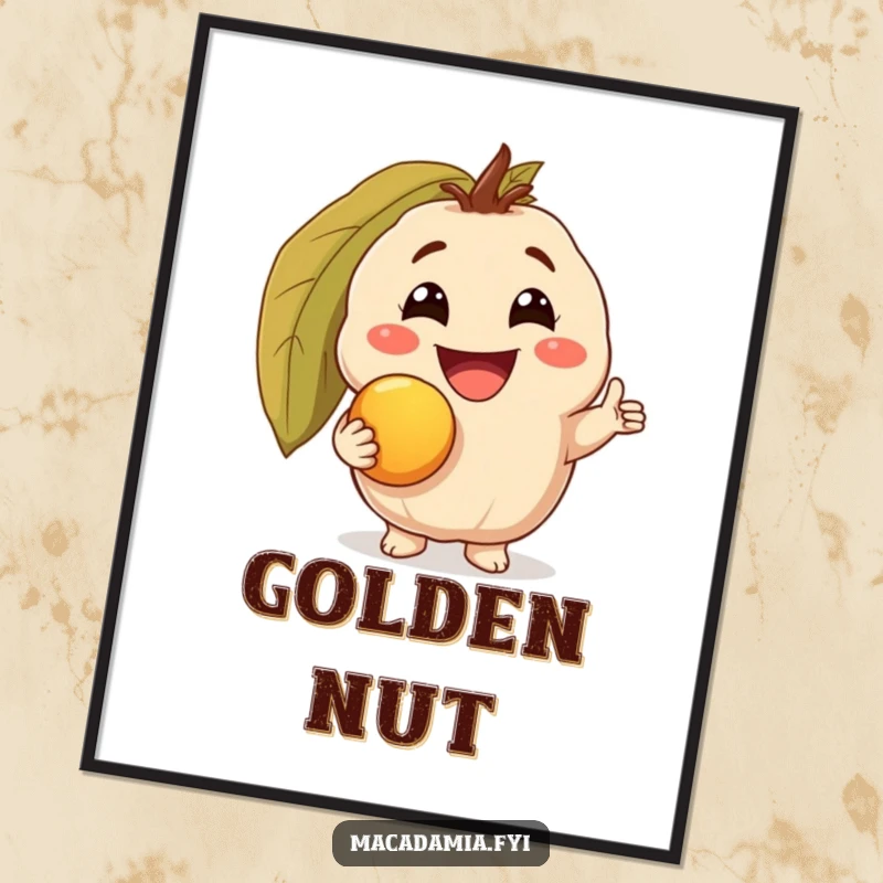 Funny poster of a macadamia nut character with a triumphant grin, holding a golden macadamia nut, adding humorous nutty charm to any room.