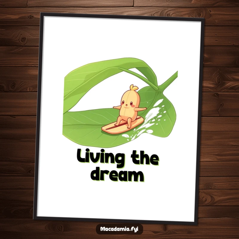 Funny Macadamia Nut character surfing on a giant green leaf during a gentle breeze, perfect for tropical, humorous wall art.