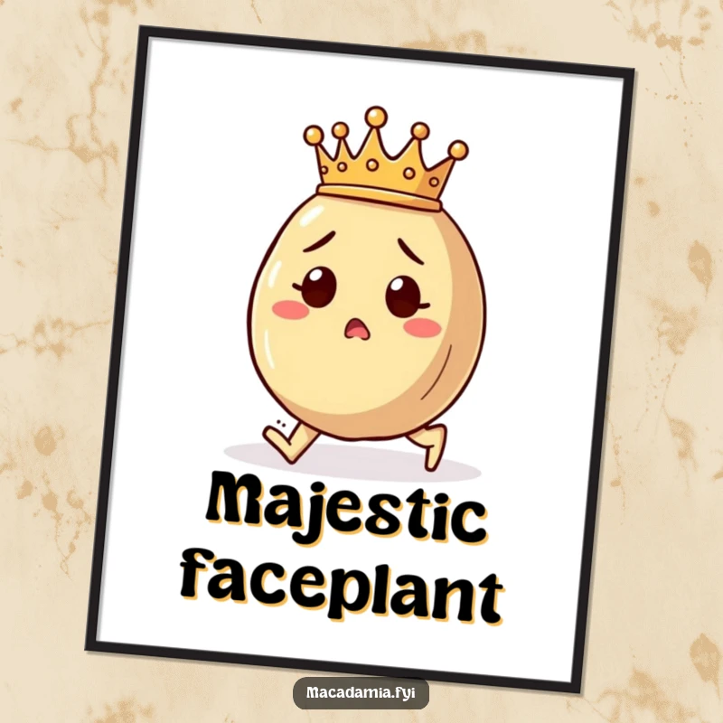 Funny macadamia nut poster capturing a crowned character tripping with wide-eyed surprise, a humorous piece of wall art.