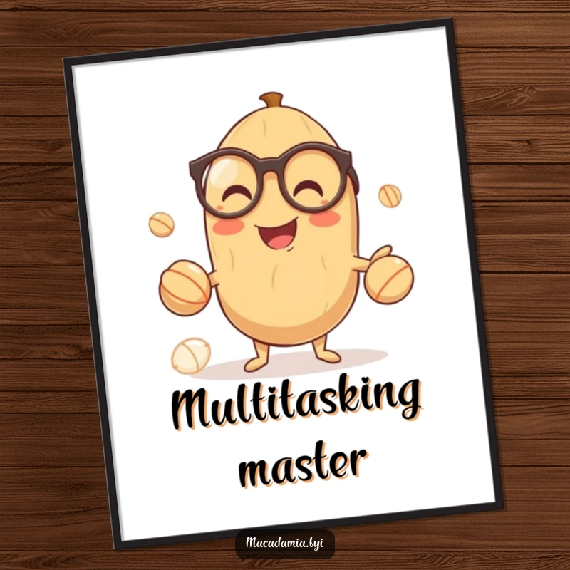 Funny poster of a smiling macadamia nut in tiny glasses, gleefully juggling three smaller nuts, symbolizing cleverness and playful intellect.