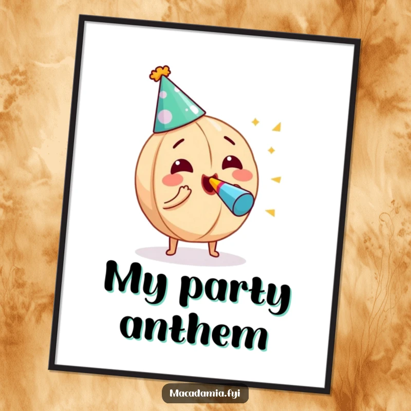 Funny macadamia nut in a party hat, joyfully blowing a noisemaker, displayed as vibrant wall art for a humorous touch.