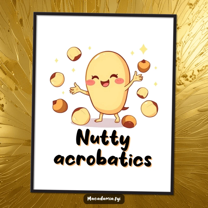 Funny macadamia nut poster print of a cheerful character skillfully juggling multiple shiny nuts in a vibrant display.