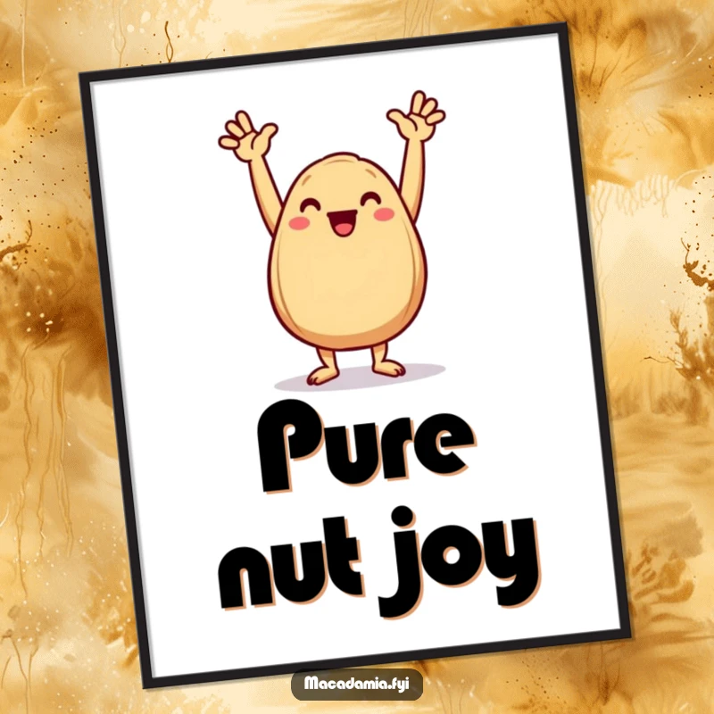 Funny Macadamia Nut Poster of a joyful nut performing a triumphant dance pose with arms in the air.