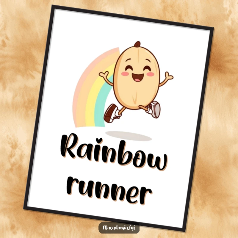 A smiling macadamia nut with tiny running shoes jogs gleefully over a vibrant rainbow on a fun poster.