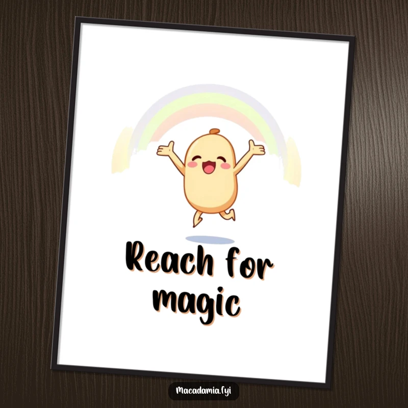 Funny macadamia nut poster showing a joyful macadamia nut leaping towards a rainbow, adding inspirational and humorous wall decor.
