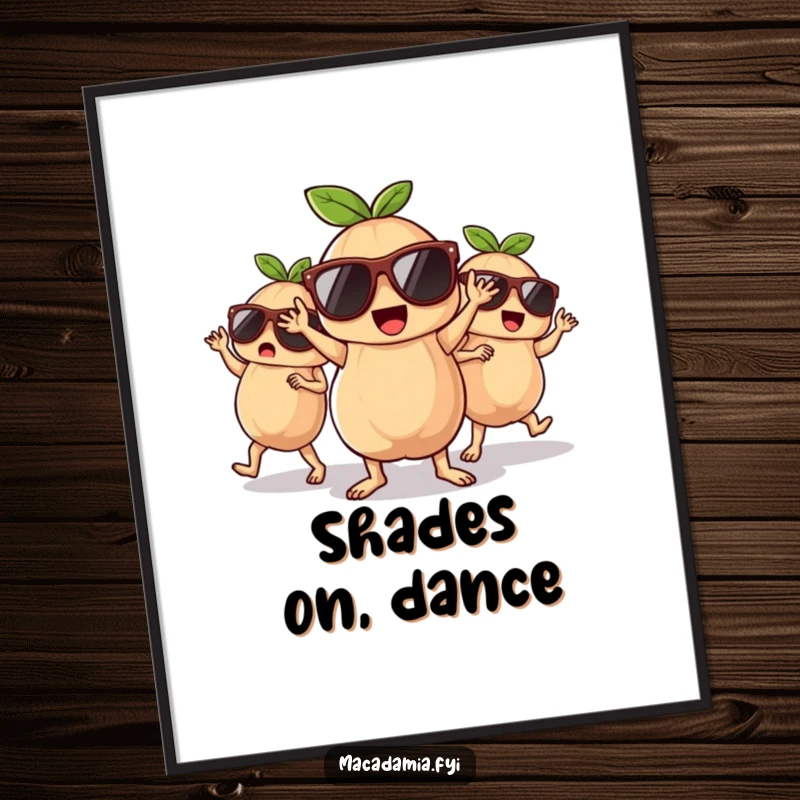 Funny macadamia nuts, sporting sunglasses, dancing energetically in a lively poster design.