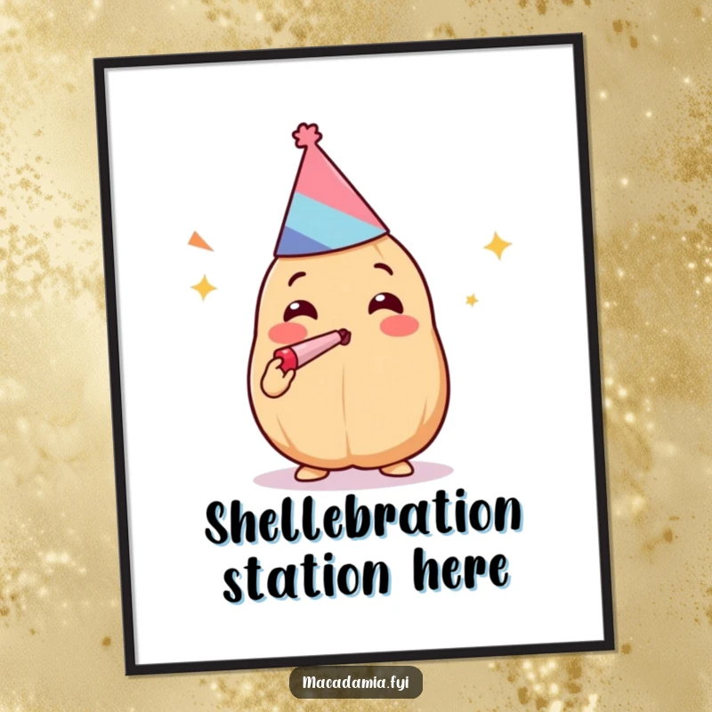 Funny Kawaii macadamia nut with party hat and noisemaker, radiating excitement on a cheerful poster.