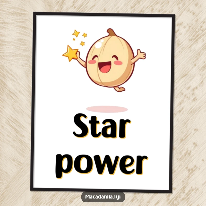 A macadamia nut joyfully jumps with a starburst around it on a vibrant and fun poster.