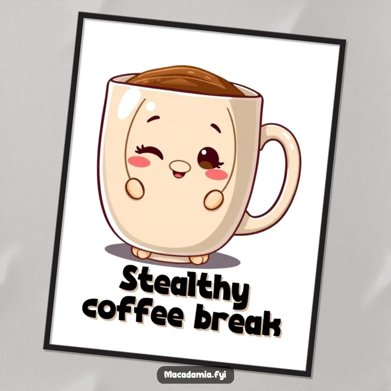 Funny poster of a macadamia nut character peeking from behind a giant coffee mug, winking playfully, perfect for coffee-themed decor.