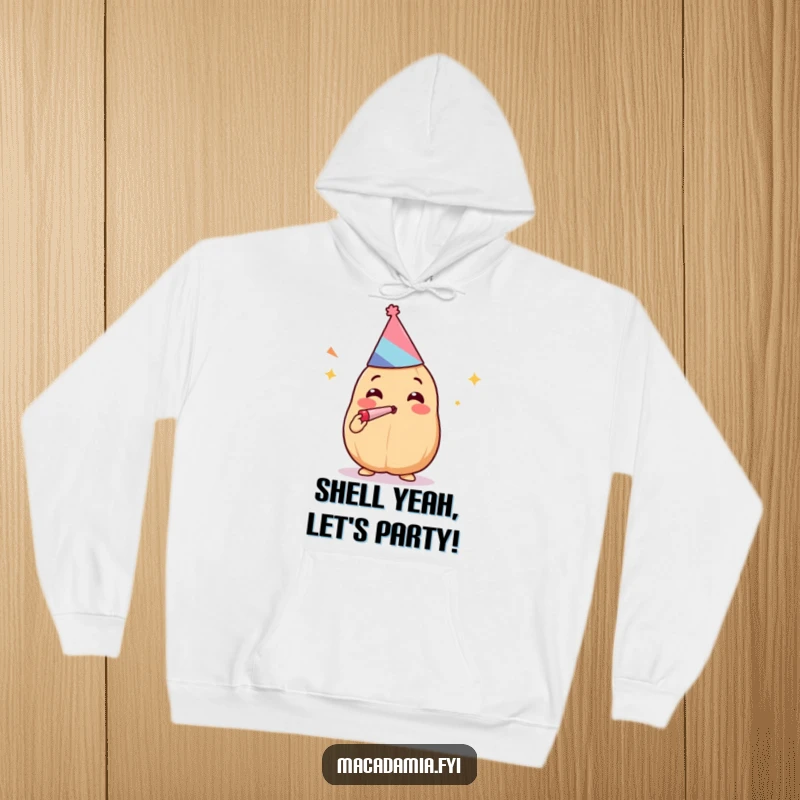 Funny Kawaii macadamia nut celebrating with a party hat and noisemaker, printed on a cozy hoodie.