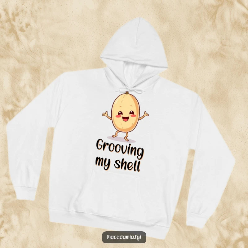Funny macadamia nut character doing an energetic and silly exaggerated dance on a comfortable hoodie.