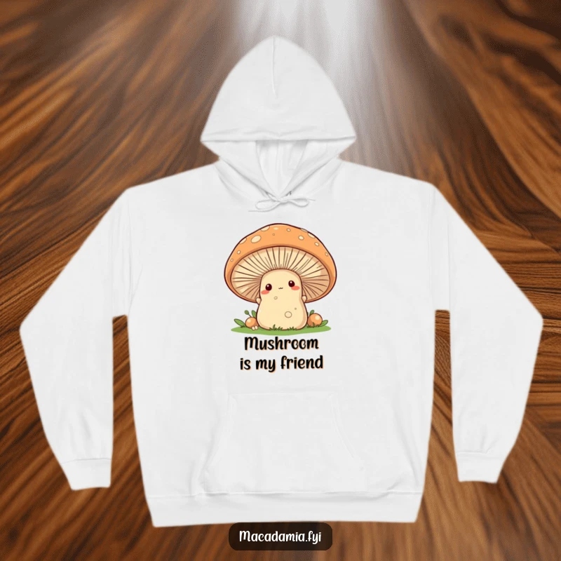 Funny macadamia nut character peeking out from behind a large, friendly mushroom on a warm, comfortable hoodie.