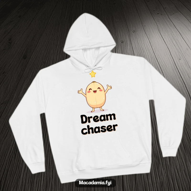 Funny kawaii macadamia nut with arms outstretched, catching a falling star, perfect for this warm and humorous hoodie.