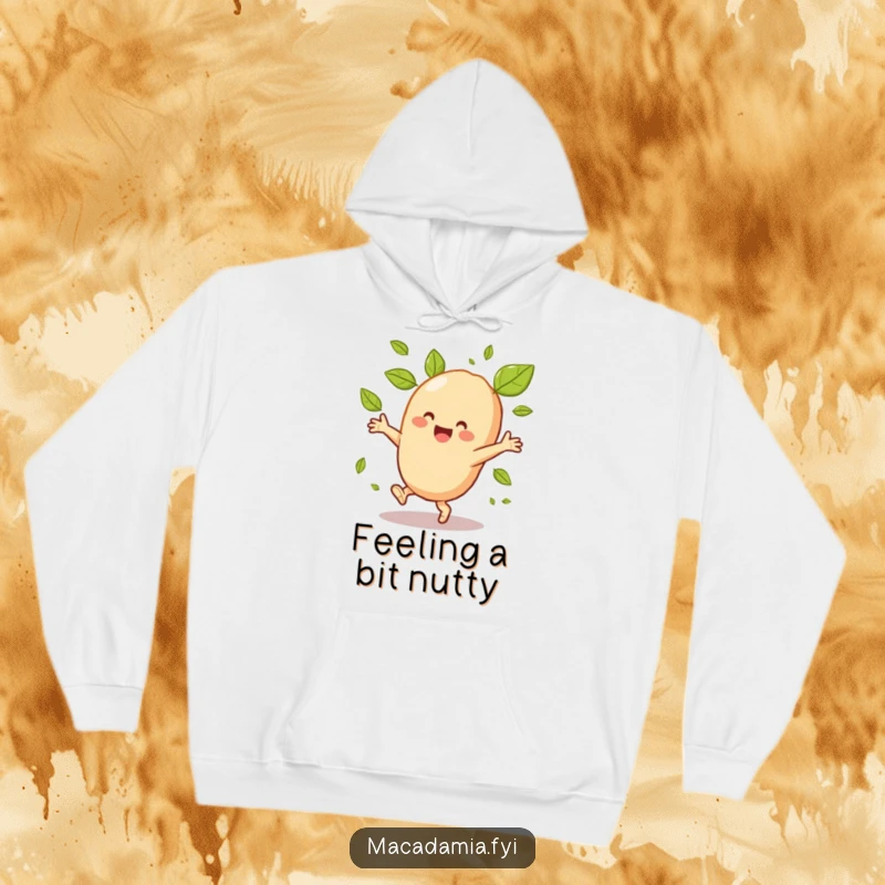 Funny macadamia nut character executing a perfect cartwheel, surrounded by swirling leaves, on a cozy, warm hoodie.