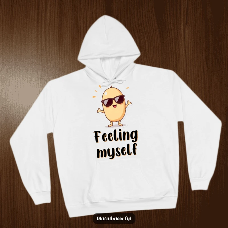 Funny kawaii macadamia nut wearing sunglasses and doing a dance pose, perfect for this warm and humorous hoodie.
