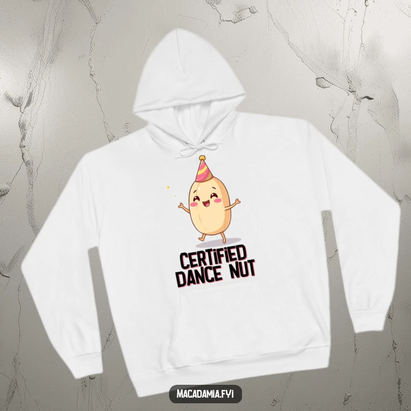 Funny macadamia nut hoodie featuring a happy nut with a party hat, dancing joyfully to spread cheer.