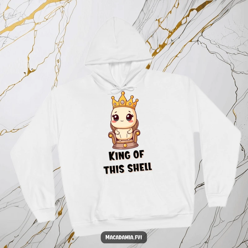 Funny hoodie with a macadamia nut character exuding pride on a miniature throne, wearing a golden crown, a symbol of nutty royalty.