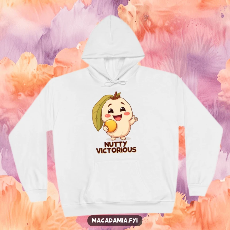 Funny hoodie featuring a macadamia nut character with a triumphant grin, holding a golden macadamia nut, offering warm and humorous nutty comfort.