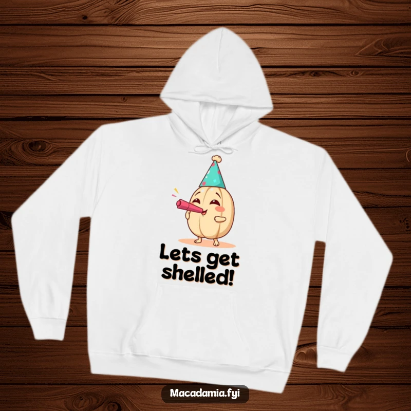 Funny Party Nut Hoodie featuring a macadamia nut in a party hat blowing a noisemaker with exaggerated joy, offering festive warmth.