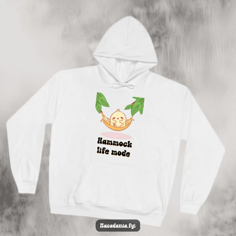 Funny Macadamia Nut Hammock Hoodie: A blissful macadamia nut character lounging contentedly on a small hammock, perfect for cozy, humorous relaxation.