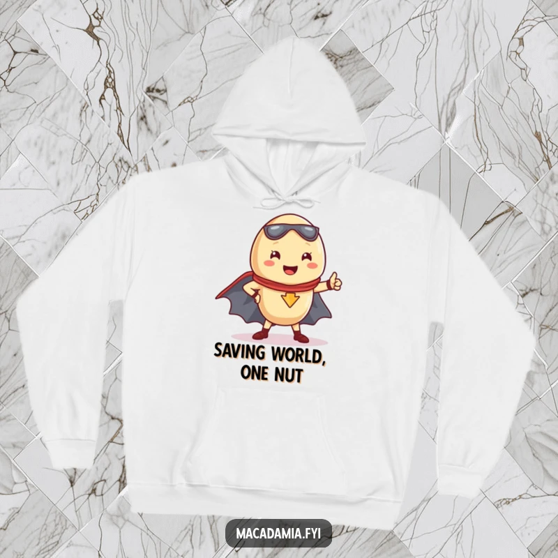Funny Kawaii macadamia nut striking a dynamic superhero pose, wearing a cape, on a warm hoodie.