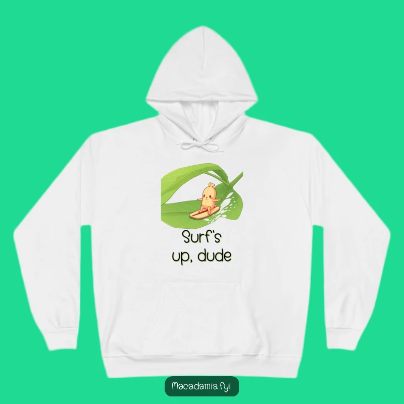 Funny Macadamia Nut Surfing Hoodie: Cozy Leaf Rider Sweatshirt for Warmth