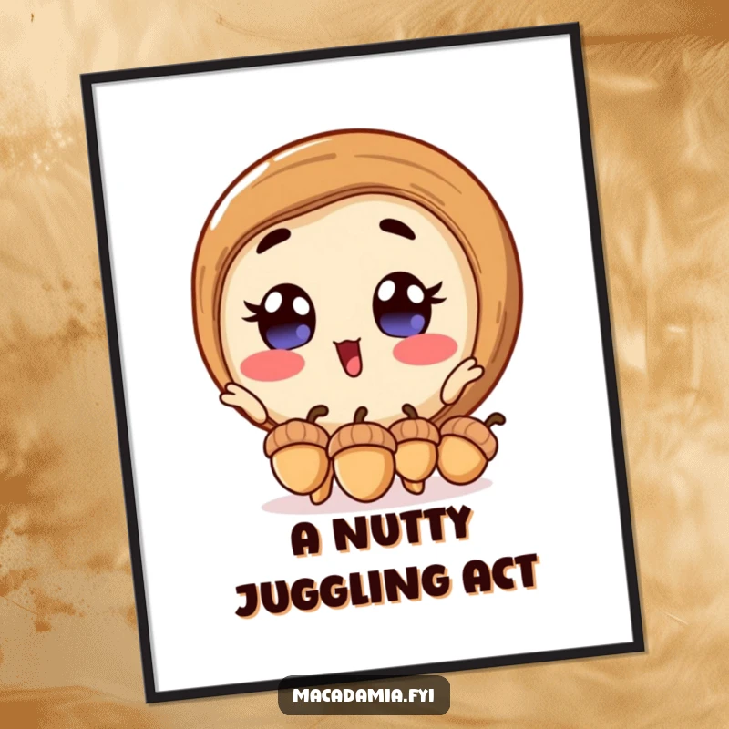 Funny Free Printable Wall Art: Macadamia nut with wide, excited eyes skillfully juggling three miniature acorns.