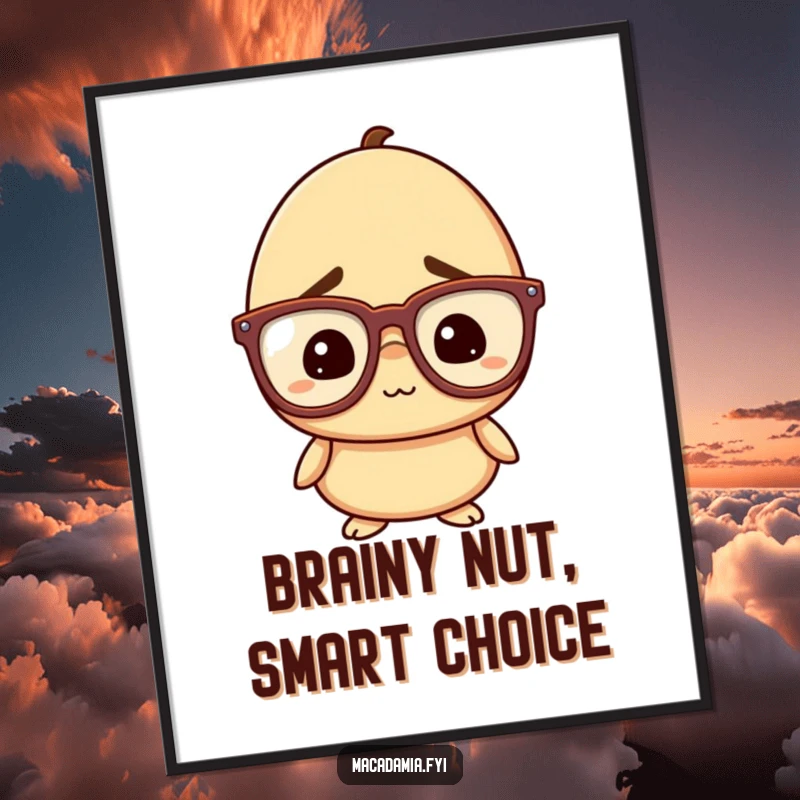 Funny Free Printable Macadamia Nut Wall Art: A macadamia nut character sporting oversized glasses, with a look of amused confusion.