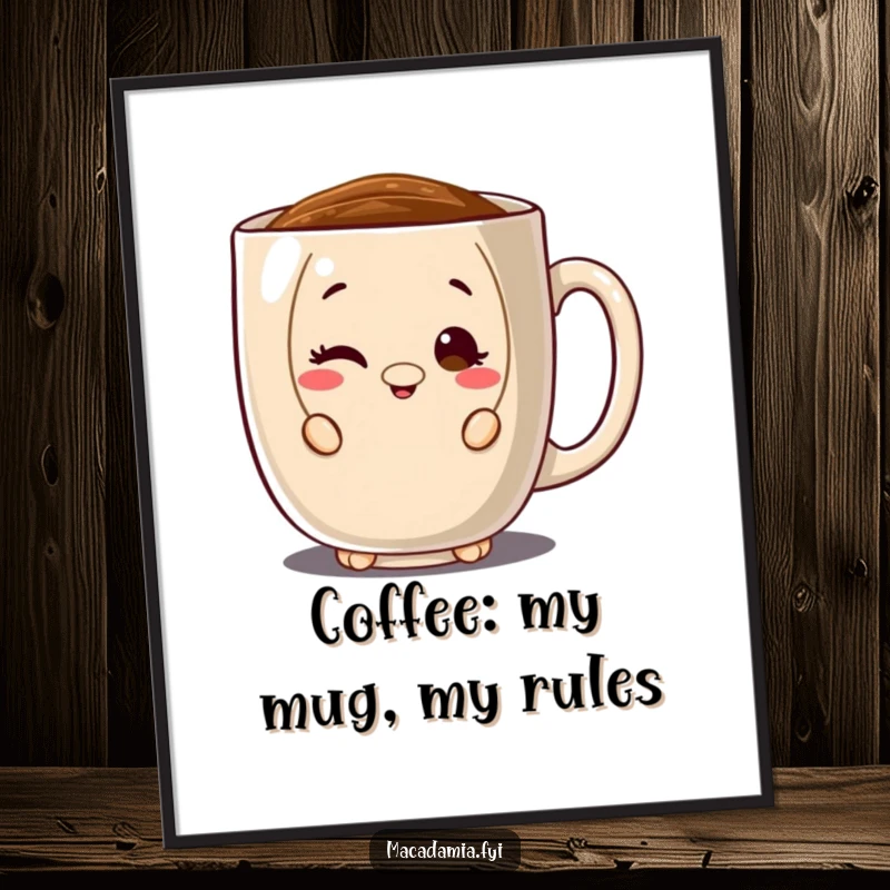 Funny Free Printable Wall Art: A macadamia nut character peeking mischievously from behind a giant coffee mug, giving a wink.
