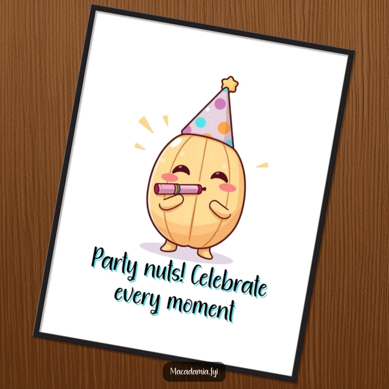 Funny Free Printable Wall Art of a macadamia nut wearing a party hat and blowing a noisemaker, exuding pure celebratory joy.
