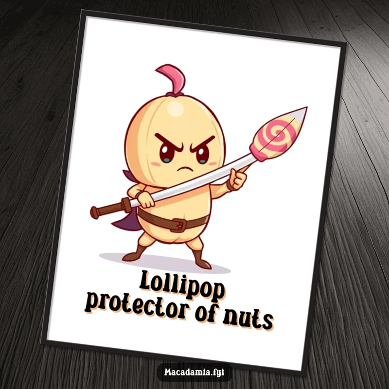 Funny Free Printable Wall Art: A determined macadamia nut bravely fights with a lollipop sword, ready for action.