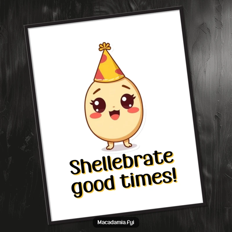 Funny Free Printable Wall Art: Macadamia nut character with wide, excited eyes and a tiny party hat, radiating pure joy.